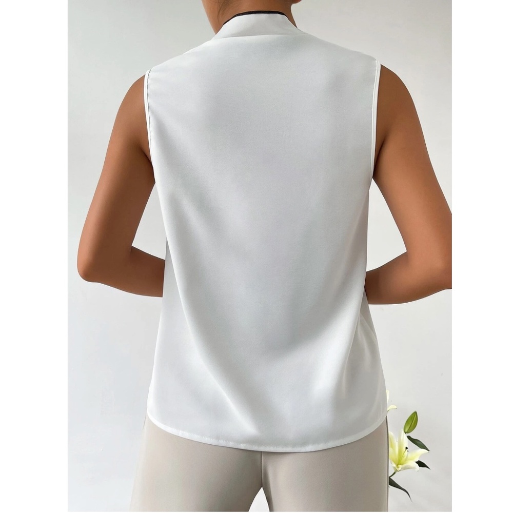 White Blouse Black Trim Tie Front Neck Sleeveless Blouse Office Top Shirt - Picture 3 of 11